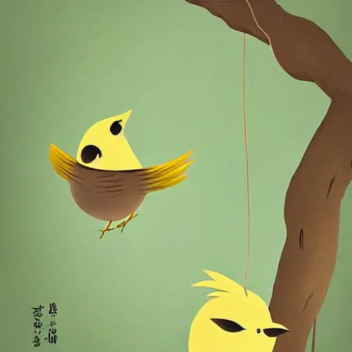 Prompt: A little bird trying to carry fruit from the ground to the tree where the nest is with its young, ilustration art by Goro Fujita