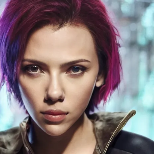 Image similar to a beautiful still of scarlett johansson as motoko kusanagi from ghost in the shell, cyberpunk style, looking off into the distance, short black hairs, with a soft, blue hour, neons light from night city falling on her face. focus on her eyes and brows. by annie leibowitz