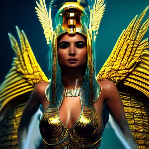 Image similar to hyper realistic photo portrait of beautiful egyptian goddess with wings and gold armor, cyberpunk, glow fluo, 8 k, octane render, sci - fi backgroud, detailled, spiritual inspiration