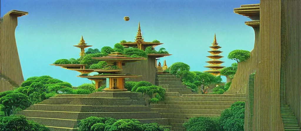 Prompt: huge gargantuan angular dimension of pagoda liminal spaces, temples by escher and ricardo bofill. utopian singaporean landscape by roger dean. magical realism, surrealism, lush sakura trees, waterfalls, thunder, lightning, cyberpunk, shot from below, epic scale