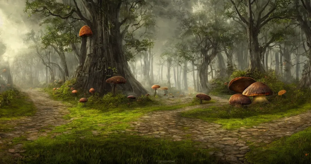 Image similar to road in a forest road, victorian buildings, giant mushrooms, weird machinery, highly detailed, fantasy art, myst engine