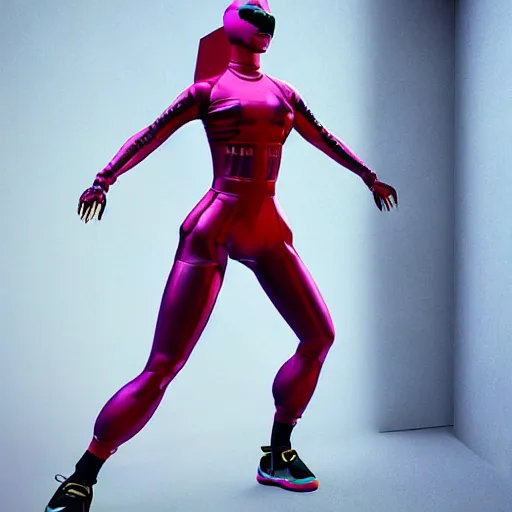 Image similar to 3 d video game style, nicki minaj wearing nike acronym techwear bodysuit, with yeezy shoes, dynamic pose, body shot, hyperealistic, futuristic, cyber, highly detailed, character art, trending on artstation, octane render, dynamic lighting, beautiful, beautiful colors, seductive