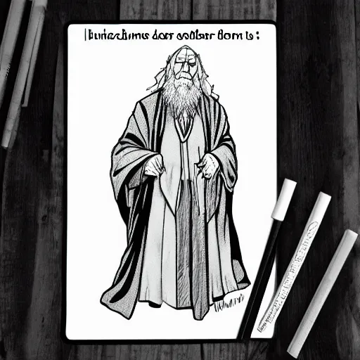 Prompt: Dumbledore coloring book page, black and white