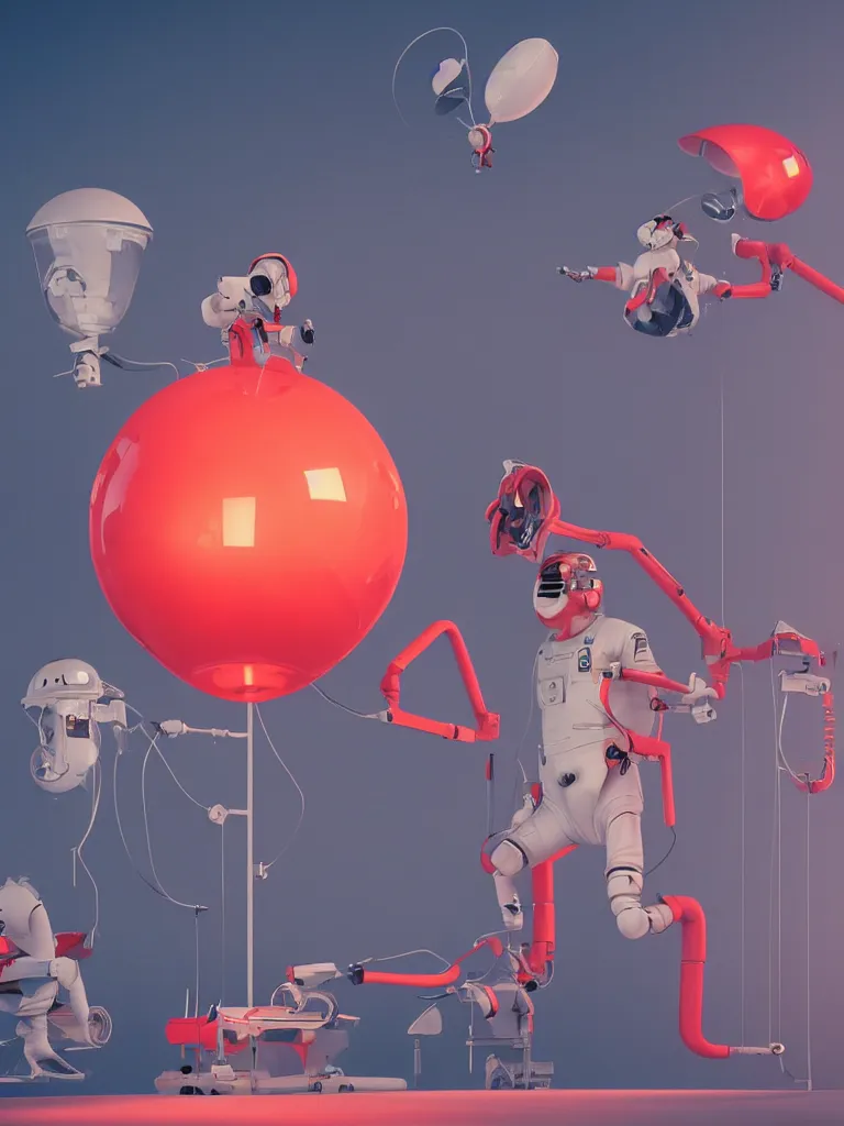 Prompt: graphic art of dystopian futuristic 1 0 mechanic surgeons astronaut humans, operate on a mickeymouse!!! head balloon float brain exposed, held by a crane. ominous glowing red netflix!!! sign in the background, trending on art station, beeple!!, clean concept art, smooth, octane render, minimal