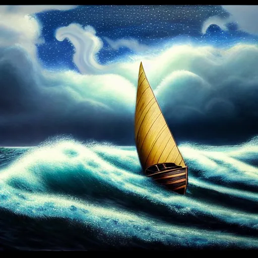 Image similar to a real photographic landscape painting with incomparable reality, super wide, ominous sky, sailing boat, wooden boat, lotus, huge waves, starry night, harry potter, volumetric lighting, clearing, realistic, art by james gurney, artstation - h 1 0 2 4