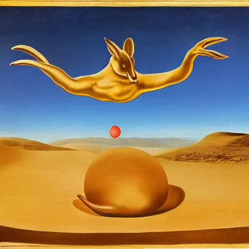 Image similar to dali surrealist painting of a giant golden rabbit in the middle of the desert