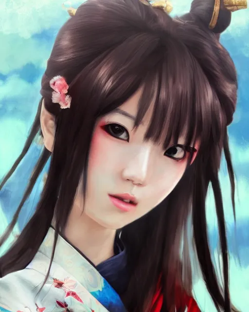 Prompt: portrait of oichi , sana from twice, sengoku basara in the paintetly style of WLOP, artgerm, brush stroke oil painting, imagine fx, artstation