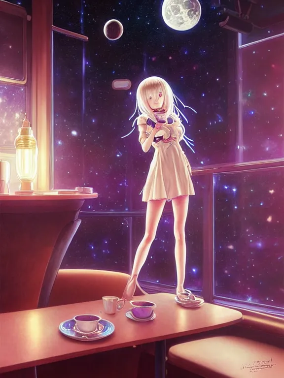 Image similar to full body picture of a space girl in the moon cafe, bored, coveted, beautiful and aesthetic, intricate, unreal engine, messy hair, highly detailed, detailed face, smooth, sharp focus, chiaroscuro, manga illustration, artgerm, greg rutkowski, ilya kuvshinov, rossdraws, alphonse mucha, young adult light novel cover art