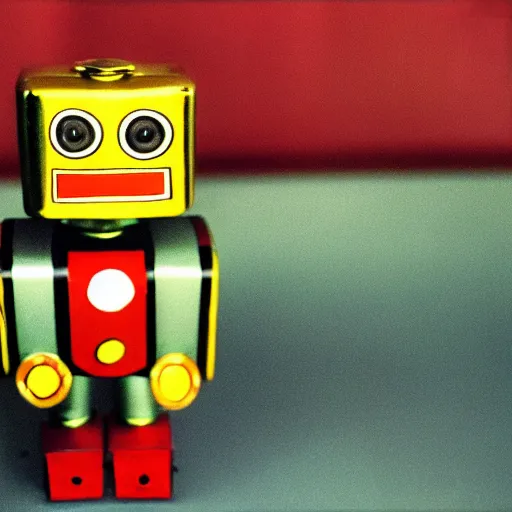 Prompt: tin toy robot kodachrome photo