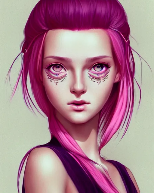 Prompt: portrait of beautiful girl with pink hair, low cut dress, boho chic. symmetry face, fine details. realistic shaded lighting, by sakimichan, kidmo, trending on pixiv, trending on artstation