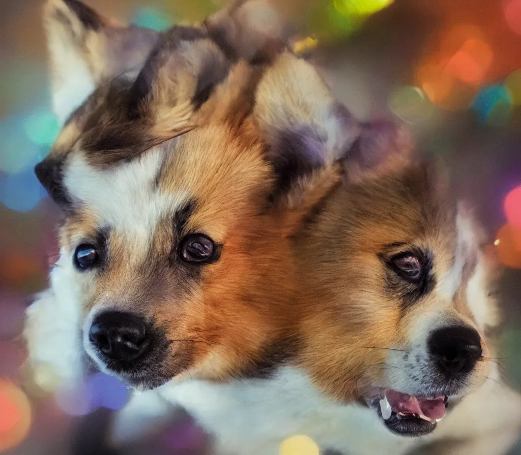 Image similar to Fine art photo of a beautiful neon corgi, you can see a bokeh effect behind the corgi, the photo was taken by Annie Leibovitz, photorealistic, matte painting, hyper realistic, concept art, 4k, 8k, cinematic composition, cgsociety, HD, highly detailed, octane render, unreal engine 5, trending on artstation, shaders