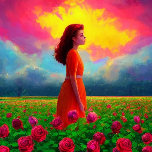 Prompt: large rose in front of face, girl frontal in a flower field, surreal photography, sunrise dramatic light, impressionist painting, colorful clouds, digital painting, artstation, simon stalenhag