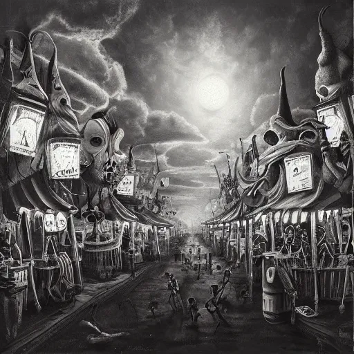 Image similar to ultra realist soft painting of a curiosities carnival by night, horror, omnious sky, symmetry accurate features, very intricate details, black and white, volumetric light clouds