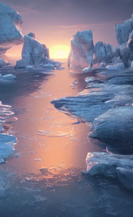 Prompt: an unreal engine scene, europa, ice ocean, sunset, concept art, hyperrealistic, trending on artstation, high quality, highly detailed, path traced, soft lighting, soft colors, digital art, 8 k hdr, octane render, unreal engine 5,