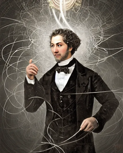 Image similar to a highly detailed portrait of Alexandr Pushkin as a devious male magician radiating a powerful energy aura, ornate back tuxedo, wispy tendrils of smoke, swirling vortex of energy, performance art, intricate, digital painting, old english, raining, sepia, particles floating, whimsical background by marc simonetti, art by artgerm and greg rutkowski and alphonse mucha
