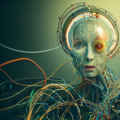 Image similar to a human heart, revealing wires and electronics, arteries, veins, sci - fi, missing panels, intricate abstract upper body intricate artwork, concept art, octane render, deviantart, cinematic, key art, hyperrealism, iridescent accents, portrait photograph, nikon 3 5 mm, photograph by greg rutkowski