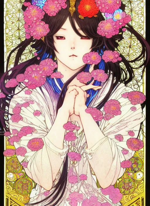 Prompt: exquisite imaginative manga poster art of keqing, genshin impact, flowers, pearlescent, shimmering, reflective, rim light, detailed background, by kojima ayami, akihiko yoshida, minaba hideo, alphonse mucha, art nouveau, illustration, artstation, concept art, highly detailed, colorful, maximalist