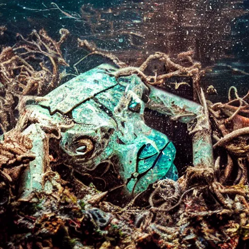 Image similar to A hyperdetailed photograph of a damaged and withered animatronic submerged under the water, HD, 8K resolution