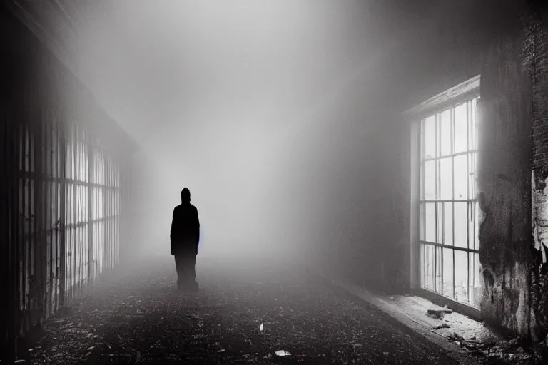 Image similar to a blurry, silhouetted figure stands alone in a creepy derelict corridor. broken windows light rays volumetric fog creepy at night. grainy footage