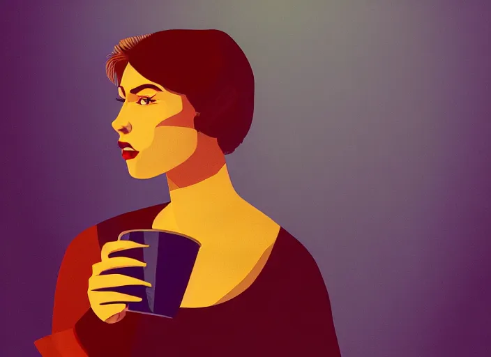 Prompt: portrait of a heroine drinking coffee,vivid, Mads Berg, Karolis Strautniekas, dramatic lighting,film grain, editorial illustration, detailed, gradation, dynamic composition,moody, cinematic,extreme perspective,bright colors, art deco illustration