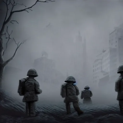 Image similar to the world war 3, surrealistic detailed claymation art, dark, moody, foggy