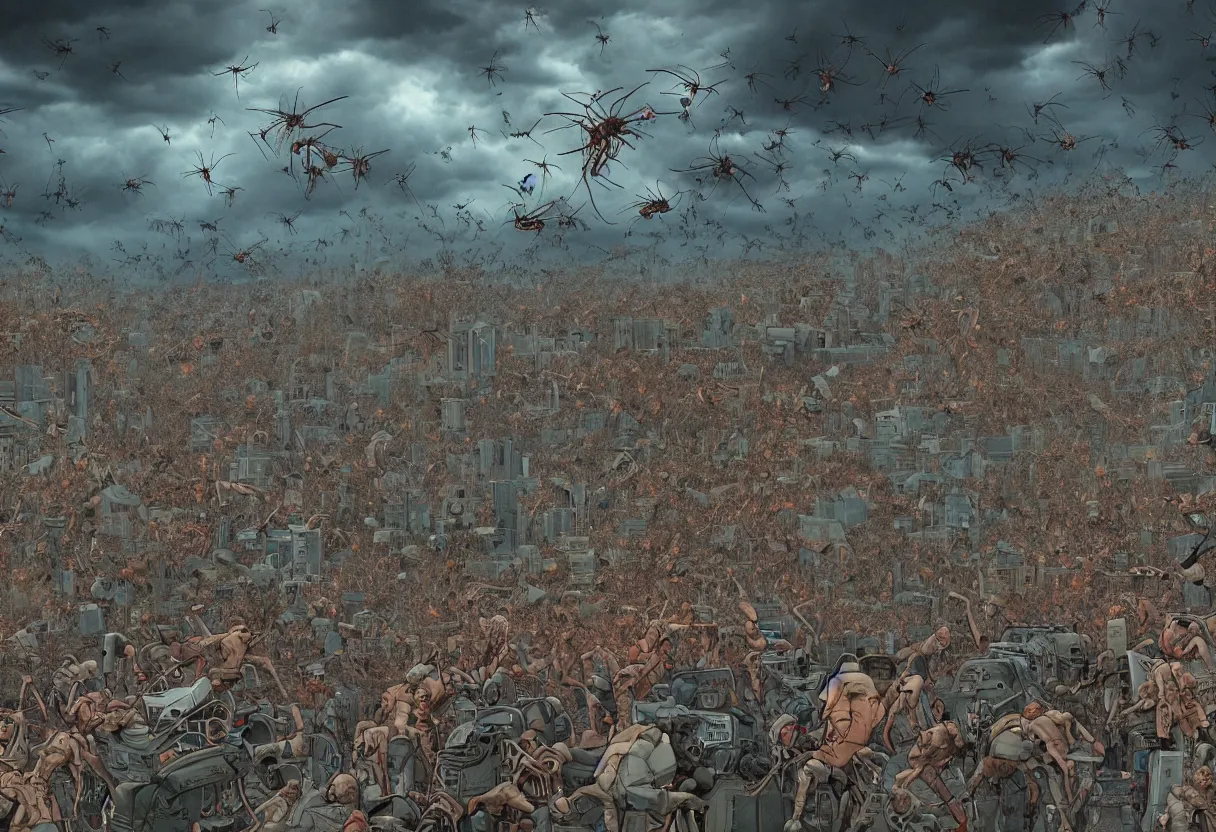 Prompt: attack of a swarm of monstrous mosquitoes from hell, ominous background, dramatic lighting, octane render, highly detailed, cinematic lighting, cinematic, art by geof darrow