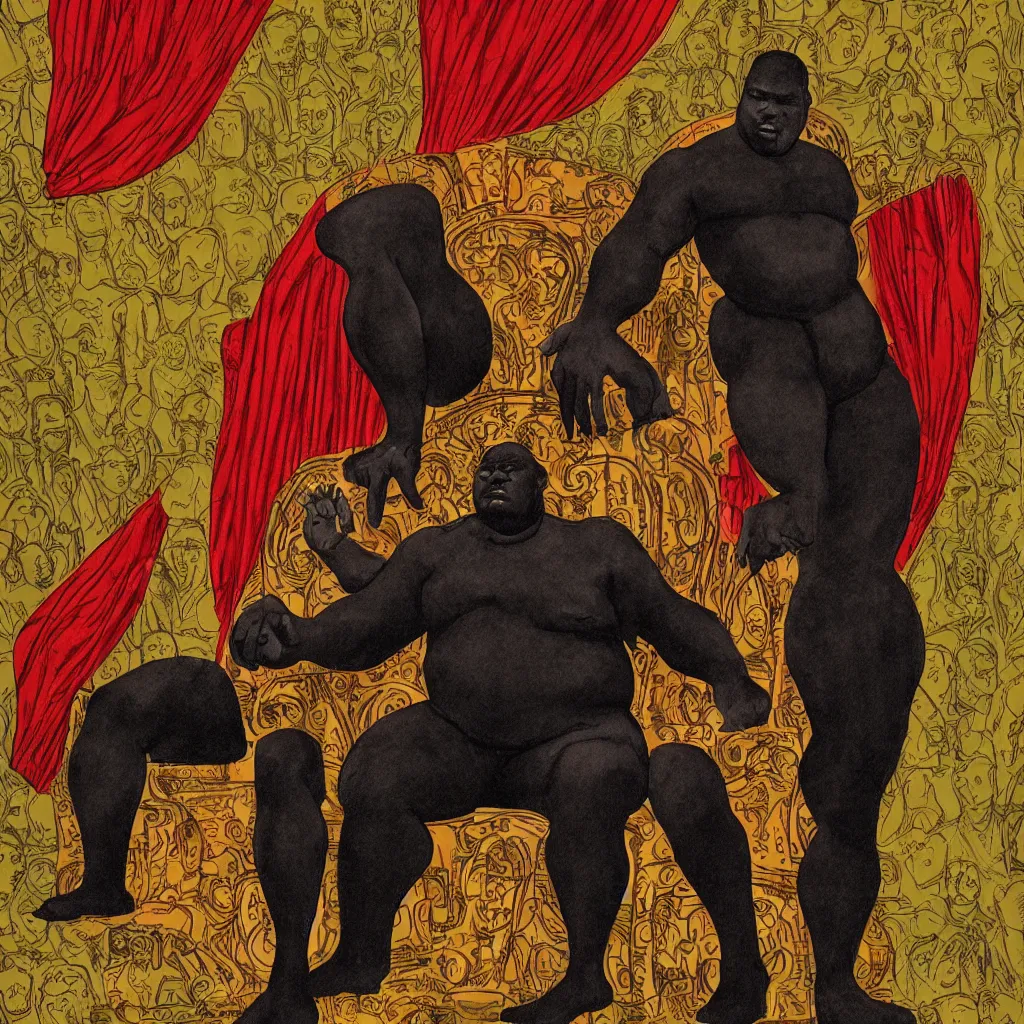 Prompt: style of frank miller, anatomically correct portrait of big black man sitting on throne, background made of big curtains