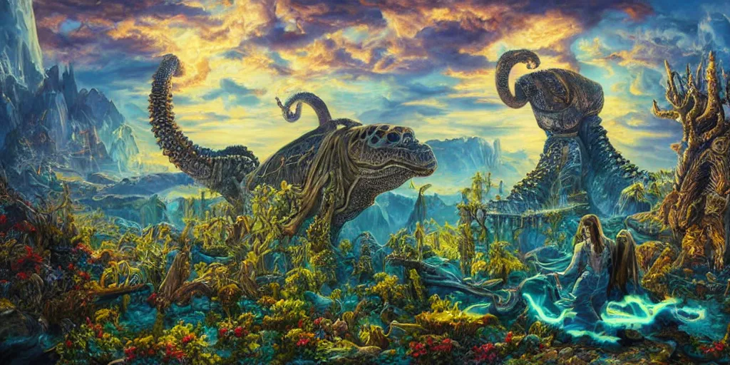 Image similar to fantasy oil painting, great leviathan, cybernetic turtle cephalopod terrapin reptilian pachyderm squid, bella hadid, hybrid, milla jovovich, anubis epic islamic city, natural light, lush plants flowers, spectacular mountains, bright clouds, luminous sky, outer worlds, golden hour, michael cheval, edward hopper, michael whelan, hd