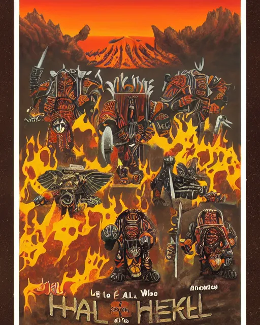 Image similar to 1 9 7 0 s national parks poster for hell, poster design, 4 k, heavy metal art style, warhammer 4 0 k