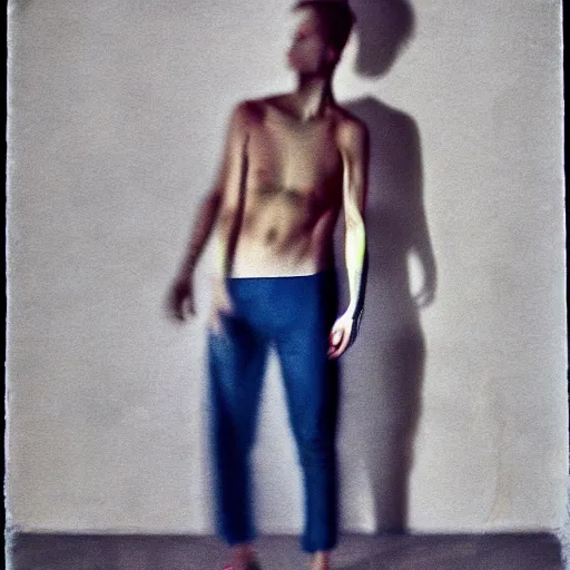 Prompt: experimental random fashion male body, colorful, very faded, grainy, very blurry, expired film, asymmetrical