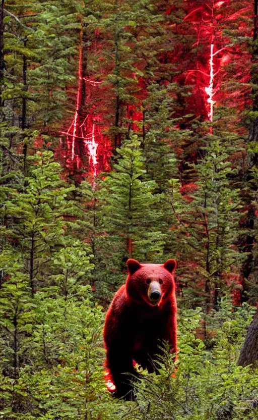 Image similar to real life photo of a red glowing bear in the canadian wilderness,