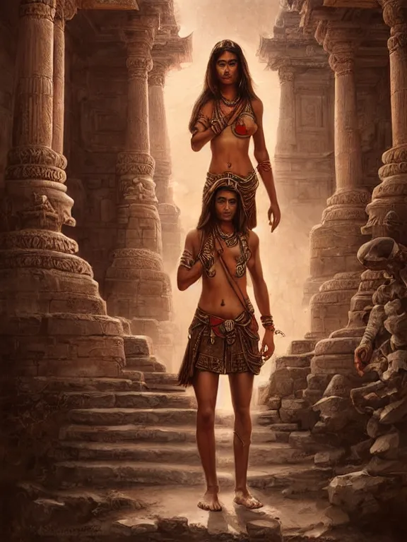 Prompt: indians jones standing in front of an ancient temple, digital painting, extremely detailed, 4 k, intricate, brush strokes, mark arian, artgerm, bastien lecouffe - deharme