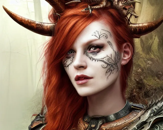 Image similar to 5 5 mm portrait photo of an armored gorgeous anesthetic redhead woman warrior with a face tattoo and horns growing from her head, and small dragon sitting on her shoulder in a magical forest in the style of stefan kostic, art by luis royo. highly detailed 8 k. intricate. lifelike. soft light. nikon d 8 5 0. cinematic post - processing