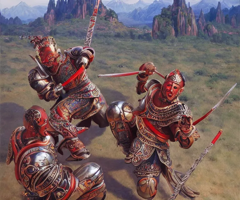 Prompt: wide angle shot from above of silver ornate armor slim muay thai handsome warriors in battle!!! mountains and giant gothic abbeys in the background, hyperrealism, fine detail, 8 k, high contrast color scheme, blue at the background red at the foreground!!!, dynamic perspective, oil canvas by mandy jurgens and michael whelan