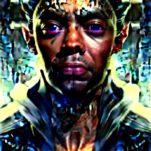Prompt: portrait painting of a cyberpunk corporate boss elven chadwick boseman, ultra realistic, concept art, intricate details, eerie, highly detailed, photorealistic, octane render, 8 k, unreal engine. art by artgerm and greg rutkowski and charlie bowater and magali villeneuve and alphonse mucha