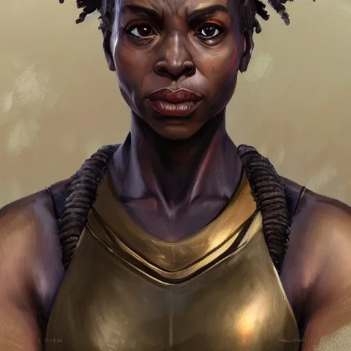 Image similar to beautiful, very strong, wakanda warrior woman, middle aged, face, no makeup, no tattoos, warrior, battle hardened, head shot, fantasy, highly detailed, digital painting, artstation, concept art, smooth, sharp focus, illustration, art by jodie muir and brom