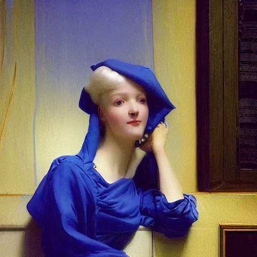 Prompt: a young woman's face, her hair is white and she wears a cobalt blue satin cloak, by ivan aivazovsky and syd mead and moebius and gaston bussiere and roger dean and pieter claesz and paul delaroche and alma tadema and aelbert cuyp and stanley kubrick, hyperrealistic, volumetric light, octane render