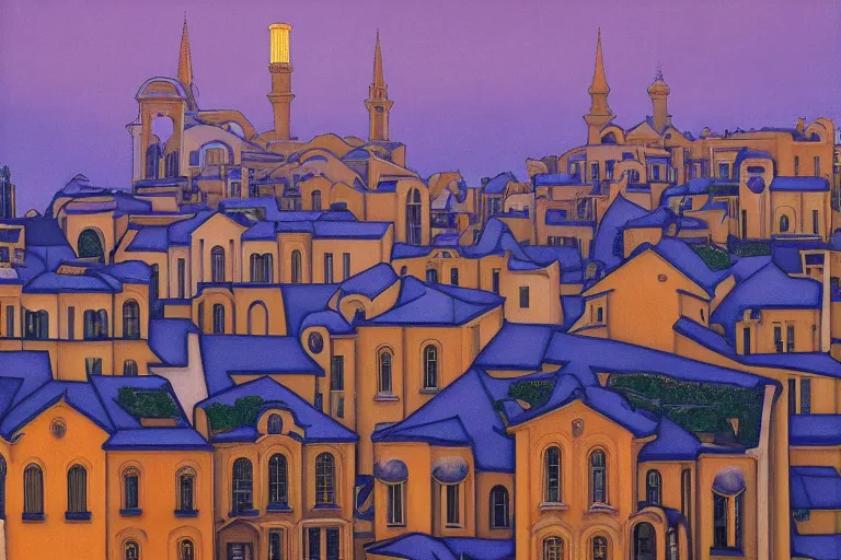 Image similar to view of the old city and its tree-lined winding streets still wet after a storm, tall windows lit up, beautiful ornamental architecture, dramatic cinematic lighting, rich colors, by Nicholas Roerich and ford madox brown and April Gornik and Sylvain Sarrailh and Ludwig Deutsch and Diego Rivera, featured on artstation