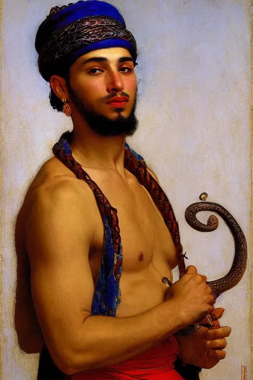 Image similar to Portrait of a young muscular Moroccan man with blue eyes, an earring and a fez hat holding a snake, orientalist, victor Nizovtsev, bouguereau