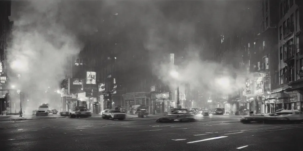 Prompt: a high resolution photo of a new york street at night surrounded with smoke and cars with bright headlights by joel meyerowitz, realistic photo, trending on artsation,