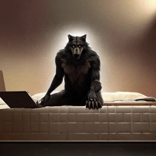 Prompt: a werewolf sitting on top of a bed with a laptop, a screenshot by Gregory Crewdson, cgsociety, video art, horror film, movie still