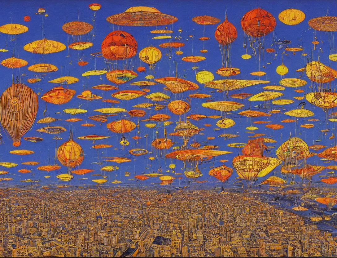 Image similar to ufos flying mysterious banners over the city, by mati klarwein and moebius