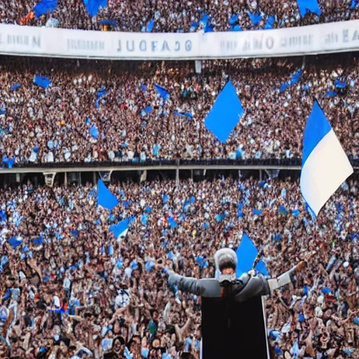 Image similar to Lady Gaga as president, Argentina presidential rally, Argentine flags behind, bokeh, giving a speech, detailed face, Argentina