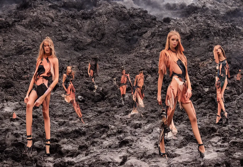 Image similar to fashion editorial in volcano eruption lava. wide angle shot. highly detailed.