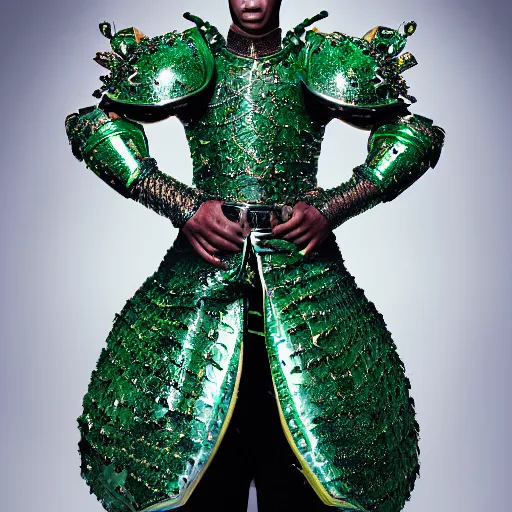 Prompt: a portrait of a beautiful young male wearing an alexander mcqueen armor made of emeralds , photographed by andrew thomas huang, artistic