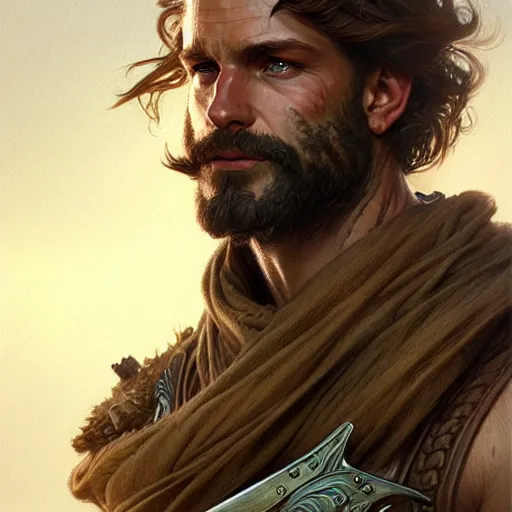 Image similar to Portrait of rugged male ranger, D&D, muscular, fantasy, intricate, elegant, highly detailed, digital painting, artstation, concept art, smooth, sharp focus, illustration, art by artgerm and greg rutkowski and alphonse mucha