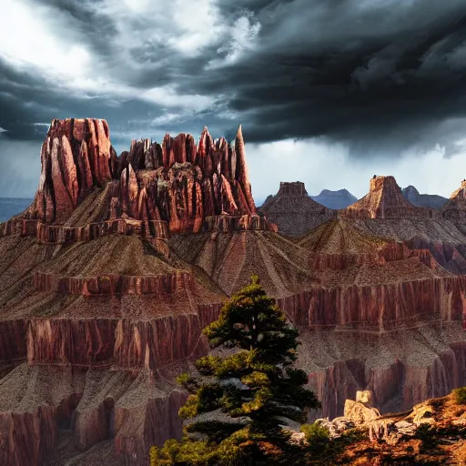 Prompt: dark gothic palace made of rock with tall spires, bristlecone pine trees, grand canyon, ultrawide cinematic 3d render, dark dramatic skies, atmospheric, vultures