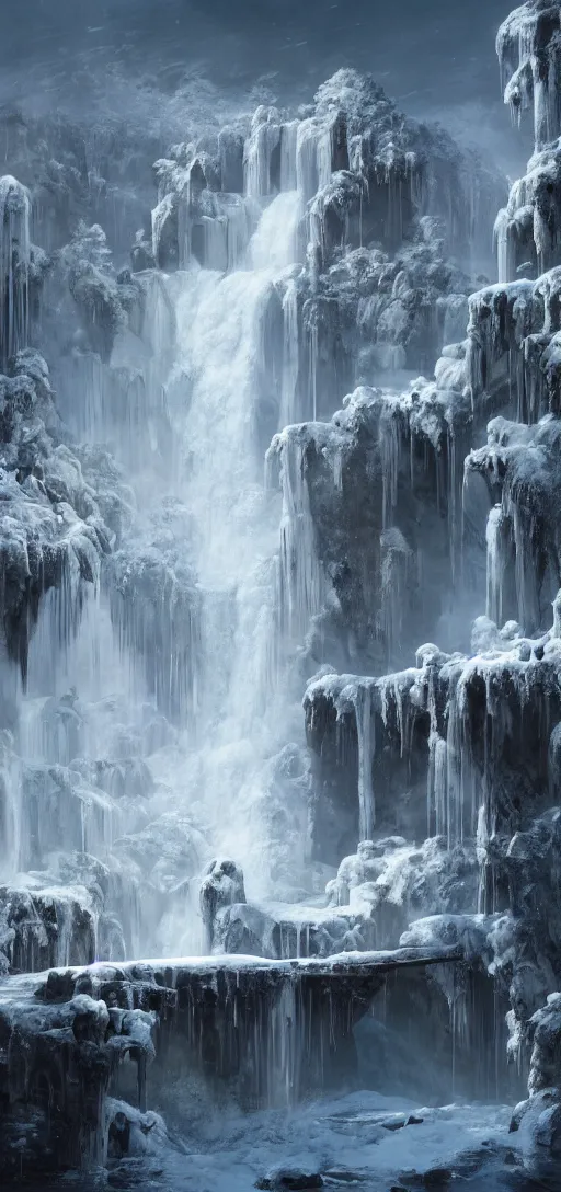 Image similar to a gigantic PALACE made of CRYSTAL stone with arches and bridge on top of a WATERFALL in the SNOW , blizzard, a small stream runs beneath the waterfall, landscape, raphael lacoste, eddie mendoza, alex ross, concept art, matte painting, highly detailed, rule of thirds, dynamic lighting, cinematic, detailed, denoised, centerd