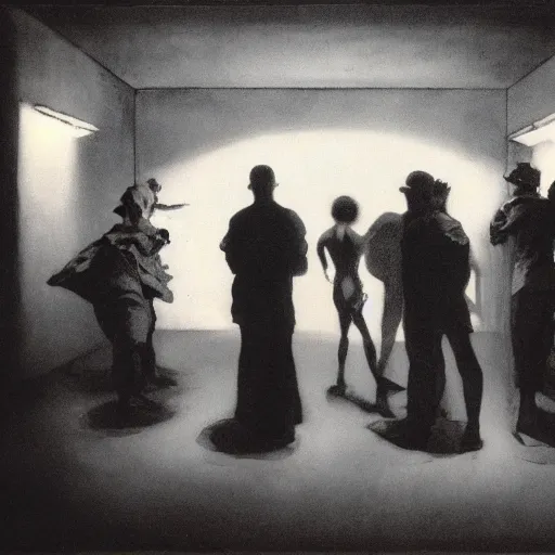 Prompt: a group of people in a dark room. The only source of light is a small window in the corner. The people are all looking at something outside of the street art. by Frank Frazetta shadowy