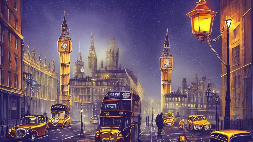 Prompt: street view of london city at night by cyril rolando and naomi okubo and dan mumford. elegant edwardian street lamps. double decker bus. st pauls cathedral. london bridge. black taxi cab. big ben clock tower.